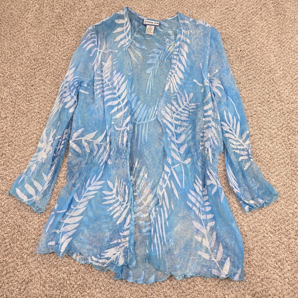 Simply Silk Womans Open Front Kimono Top Blue Tropical Sheer L Silk Blend Long